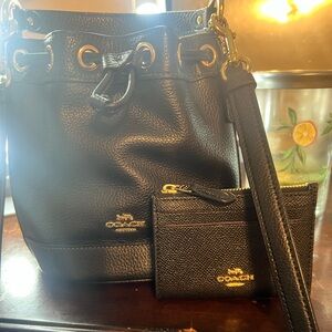Coach mini bucket bag with small keychain, zip wallet